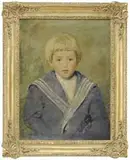Ivan G. Olinsky, Portrait of a Boy, Oil on canvas half portrait of a blond haired boy wearing a blue striped jacket and white shirt