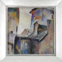 Buildings by Arthur Beecher Carles Jr., Oil on canvas abstract view of buildings with colorful palette, sold Aug 2012