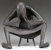 Robert Cook, Agony and Despair, Bronze sculpture of a woman seated on a three-legged stool with head bent over in hands