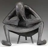 Robert Cook, Agony and Despair, Bronze sculpture of a woman seated on a three-legged stool with head bent over in hands