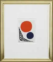 Composition with Spheres by Alexander Calder, Lithograph showing red sphere and smaller blue sphere with triangular shape with black dots, sold Aug 2012