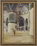 Wladimir Petroff, Mosq, SULTAN AHMED STAMROUL”. Oil on canvas interior mosque scene shows two figures in a cavernous decorated arched room