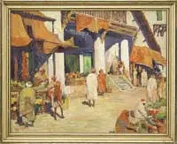 Tunisia Market by George Turland, Oil on canvas scene shows merchant storefronts with colorful produce with merchants and clients, sold Aug 2012
