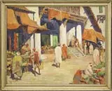 George Turland, Tunisia Market, Oil on canvas scene shows merchant storefronts with colorful produce with merchants and clients
