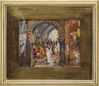 Turkish Bazaar by George Turland, Oil on masonite scene shows an archway leading into a bazaar with people, sold Aug 2012