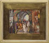 George Turland, Turkish Bazaar, Oil on masonite scene shows an archway leading into a bazaar with people