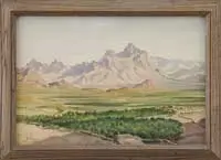 Yervand Nehapetian, Isfahan Panoramic Landscape, Watercolor shows a small village in foreground leading to green plains and high mountains