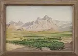 Yervand Nehapetian, Isfahan Panoramic Landscape, Watercolor shows a small village in foreground leading to green plains and high mountains