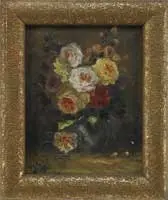 Still Life with Roses by Signed, Oil on canvas still live shows a blue vase of colorful roses in white, yellow and red, sold Aug 2012