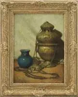 Frederick John Mulhaupt, Orientalist Still Life, Oil on board still life scene shows a brass hanging incense burner alongside an Oriental blue/green vase