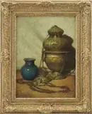 Frederick John Mulhaupt, Orientalist Still Life, Oil on board still life scene shows a brass hanging incense burner alongside an Oriental blue/green vase
