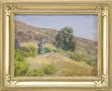 Robert Henri, Hillside, Oil on canvas landscape scene shows a sloping hillside with trees, bushes and grass under a blue sky