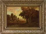 Autumn Day – Santa Clara Valley by Granville Redmond, Oil on board landscape shows a small valley area with trees under blue and colorful cloud sky, sold Aug 2012