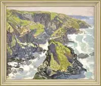 Sketch B by Walter Elmer Schofield, Oil on board sketch of a California coastline with grass covered cliffs interspersed with sand beaches, sold Aug 2012
