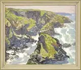 Walter Elmer Schofield, Sketch B, Oil on board sketch of a California coastline with grass covered cliffs interspersed with sand beaches