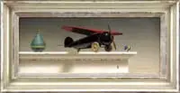 Ted Polomis, Top Flight, Oil on wood panel scene shows a white mantel top set with toys including a top, model airplane and child’s marble