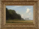 Viggo Christian Frederik Vilhelm Pedersen, Grazing at the Forest Edge, Oil on canvas. Impressionistic summer pasture with bank of trees and cows in mid ground
