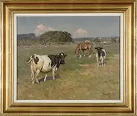 Knud Edsverg, Grazing in Green Pastures, 1) Oil on canvas. Verdant summer afternoon scene with three cows in a pasture