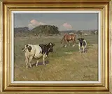 Knud Edsverg, Grazing in Green Pastures, 1) Oil on canvas. Verdant summer afternoon scene with three cows in a pasture