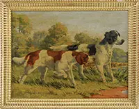 On Point by Eugène Petit, Oil on canvas mounted to panel outdoor scene shows two hunting dogs at point near marsh, sold Aug 2012