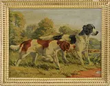 Eugène Petit, On Point, Oil on canvas mounted to panel outdoor scene shows two hunting dogs at point near marsh