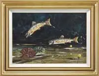 John Swan, Jumping Brook Trout, Outstanding watercolor shows two small Brook Trout leaping out of water with pond lilies and leaves