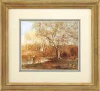 Arthur Shilstone, Stream Through the Cotton Fields, Fine watercolor scene shows a fly fisherman knee-deep in water casting up the stream under a tree