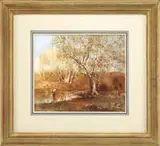 Arthur Shilstone, Stream Through the Cotton Fields, Fine watercolor scene shows a fly fisherman knee-deep in water casting up the stream under a tree