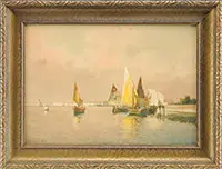 Alberto Prosdocimi, Ships in Harbor, This watercolor on paper depicts a number of ships in what appears to be a Venetian harbor