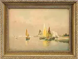 Alberto Prosdocimi, Ships in Harbor, This watercolor on paper depicts a number of ships in what appears to be a Venetian harbor