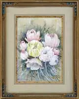 Tulips by Jane Peterson, Gouache on paper floral still life shows pink and yellow tulips in full bloom against a green leaf background, sold Aug 2012