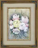 Jane Peterson, Tulips, Gouache on paper floral still life shows pink and yellow tulips in full bloom against a green leaf background