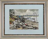 Don Stone, Monhegan Lobsterman, Watercolor scene shows a lobsterman tending to his chores on a stone dock area with moored sailboats and skiffs