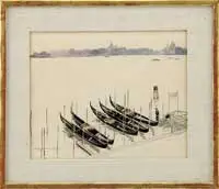 Charles Baskerville, Gondolas at Venice, Watercolor scene shows 5 gondolas parked on a calm harbor with skyline beyond