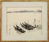 Charles Baskerville, Gondolas at Venice, Watercolor scene shows 5 gondolas parked on a calm harbor with skyline beyond