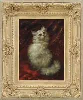 Carl Kahler, White Kitten, Oil on canvas portrait of a white kitten against a red curtain background