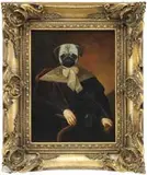 Theirry Poncelet, Grande Dame, Oil on wood panel shows a dog’s head on a stately woman’s body. Dressed in crimson robe with lace color and bow tie