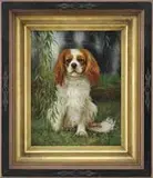 Unsigned, Portrait of a Spaniel, Oil on wood panel shows a brown and white dog seated in a grass setting with water beyond