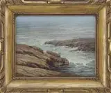 Walter Elmer Schofield, Tidal Inlet, Oil on board coastline scene shows an early evening view of granite coastal ledge with a small inlet receiving low waves