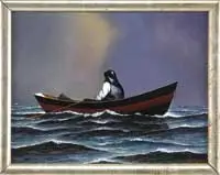 Jerome Howes, The Dory Fisherman, Oil on board scene shows a lone fisherman rowing a black and red dory under dark sky