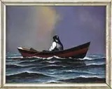 Jerome Howes, The Dory Fisherman, Oil on board scene shows a lone fisherman rowing a black and red dory under dark sky