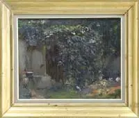 Robert Vonnoh, Backyard Trellis, Oil on wood panel scene shows a large flowering trellis over a back door with steps leading to flower garden
