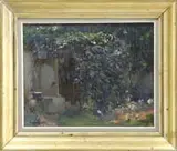 Robert Vonnoh, Backyard Trellis, Oil on wood panel scene shows a large flowering trellis over a back door with steps leading to flower garden