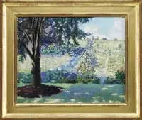 Grace Romney Beals, The Lush Garden, Oil on canvas landscape shows a lawn leading to a large flower garden and large tree