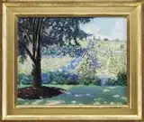 Grace Romney Beals, The Lush Garden, Oil on canvas landscape shows a lawn leading to a large flower garden and large tree