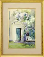 Henry Plympton Spaulding, The Wisteria Entrance, Fine watercolor of a doorway entrance to a Colonial house. The entrance 2/3 covered with purple Wisteria