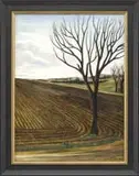 Jean Ève, La Terre Au Moment Du Labour, Oil on canvas surrealistic scene shows a bare tree at the end of a cultivated field under a cloud and blue sky