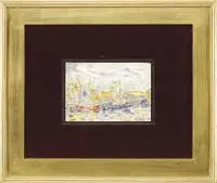 Paul Signac, Colorful Harbor, Watercolor and graphite on paper scene shows several sailboats with colorful sails moored in a tranquil harbor setting