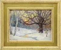 Hendrick Hillbom, Sunset Winter, Oil on academy board Winter scene shows snow covered ground with a stream passing a large tree with sunset in background