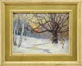 Hendrick Hillbom, Sunset Winter, Oil on academy board Winter scene shows snow covered ground with a stream passing a large tree with sunset in background